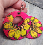 Sunflower Wood Burned and Painted Hot Pink Wooden Earrings