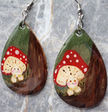 Mushroom with Red Top Character Hand Painted Wooden Earrings with Resin Clearcoat