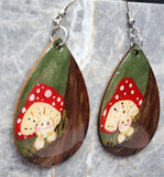 Mushroom with Red Top Character Hand Painted Wooden Earrings with Resin Clearcoat