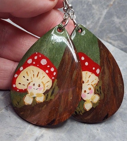 Mushroom with Red Top Character Hand Painted Wooden Earrings with Resin Clearcoat