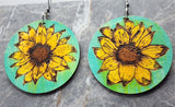 Sunflower Wood Burned and Painted Wooden Earrings
