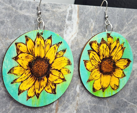 Sunflower Wood Burned and Painted Wooden Earrings