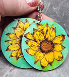 Sunflower Wood Burned and Painted Wooden Earrings
