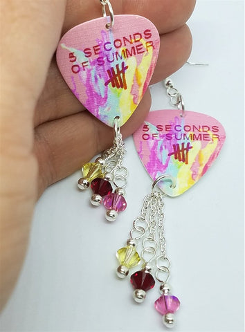 5 Seconds of Summer Guitar Pick Earrings with Yellow, Red and Pink Swarovski Crystal Dangles