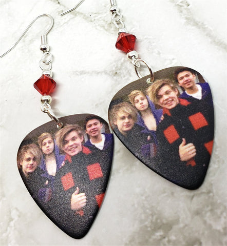 5 Seconds of Summer Group Picture Guitar Pick Earrings with Red Swarovski Crystals