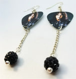 Alice Cooper Biting His Riding Crop Guitar Pick Earrings with Black Pave Bead Dangles