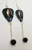 Alice Cooper Biting His Riding Crop Guitar Pick Earrings with Black Pave Bead Dangles