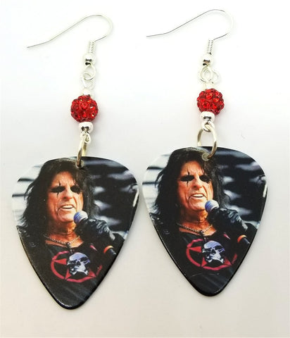 Alice Cooper Singing on Stage Guitar Pick Earrings with Red Pave Beads