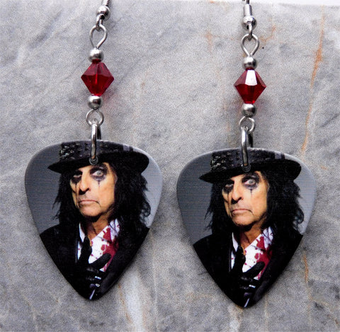 Alice Cooper in a Top Hat Guitar Pick Earrings with Red Swarovski Crystals