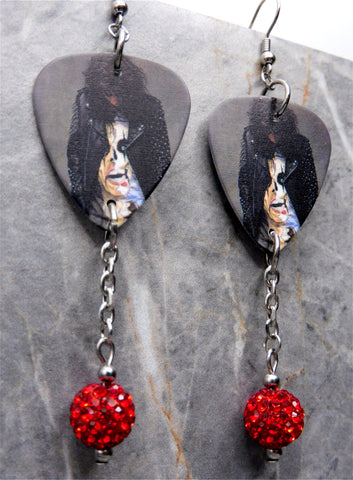 Alice Cooper Trash Guitar Pick Earrings with Red Pave Bead Dangles