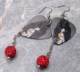 Alice Cooper Trash Guitar Pick Earrings with Red Pave Bead Dangles