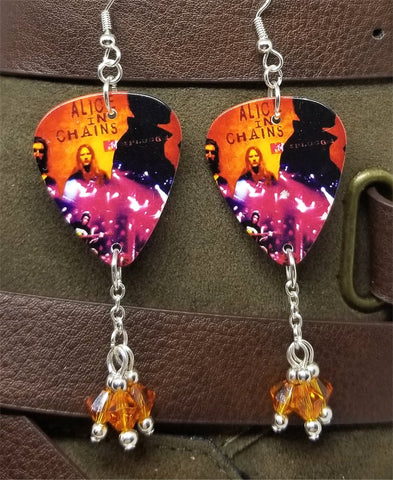 Alice in Chains Unplugged Guitar Pick Earrings with Orange Swarovski Crystal Dangles