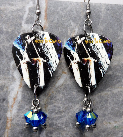 Alice in Chains Sap Guitar Pick Earrings with Capri Blue AB Swarovski Crystals