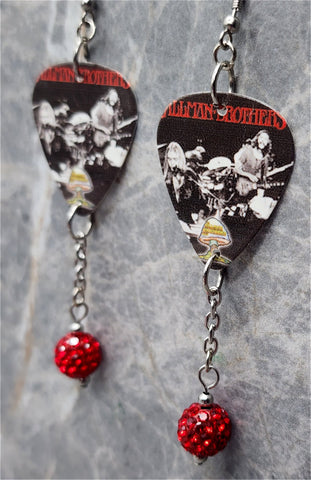 The Allman Brothers Band Guitar Pick Earrings with Red Pave Dangles