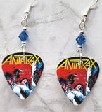 Anthrax Spreading the Disease Guitar Pick Earrings with Blue Swarovski Crystals