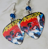Anthrax Spreading the Disease Guitar Pick Earrings with Blue Swarovski Crystals