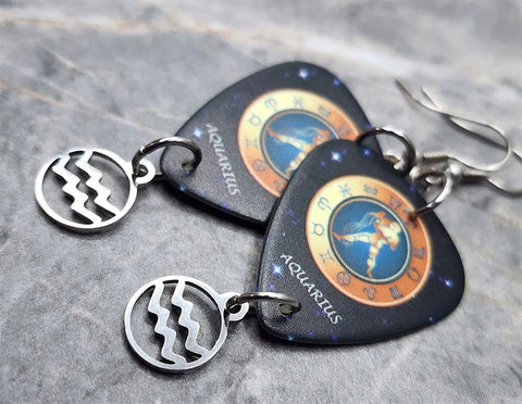 Horoscope Astrological Sign Aquarius Guitar Pick Earrings with Laser Cut Horoscope Charms
