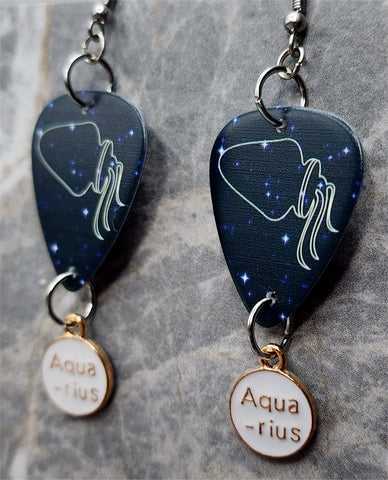 Horoscope Astrological Sign Aquarius Guitar Pick Earrings with Aquarius Charm Dangles
