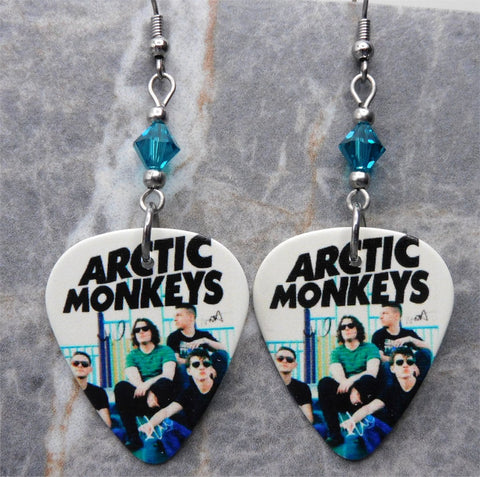 Arctic Monkeys Group Photo Guitar Pick Earrings with Teal Swarovski Crystals