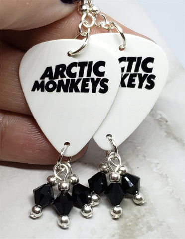 Arctic Monkeys White Guitar Pick Earrings with Black Swarovski Crystal Dangles