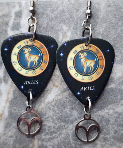 Horoscope Astrological Sign Aries Guitar Pick Earrings with Laser Cut Horoscope Charms