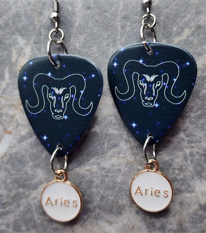 Horoscope Astrological Sign Aries Guitar Pick Earrings with Aries Charm Dangles