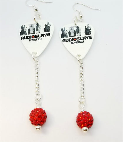 Audioslave Be Yourself Guitar Pick Earrings with Red Pave Bead Dangles