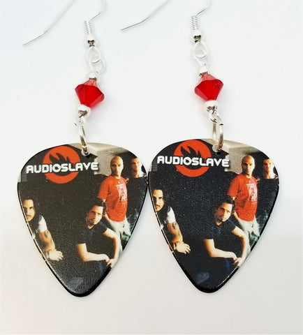 Audioslave Group Picture Guitar Pick Earrings with Red Swarovski Crystals
