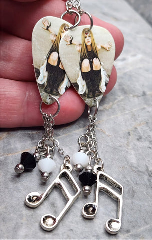 Avril Lavigne Guitar Pick Earrings with Note Charms and Swarovski Crystal Dangles