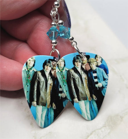 The Beach Boys Group Photo Guitar Pick Earrings with Aqua Blue Swarovski Crystals