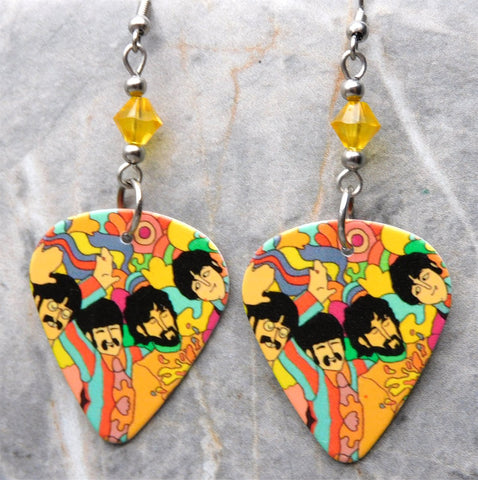 The Beatles Yellow Submarine Artwork Guitar Pick Earrings with Yellow Swarovski Crystals
