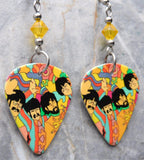 The Beatles Yellow Submarine Artwork Guitar Pick Earrings with Yellow Swarovski Crystals