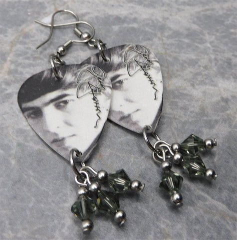 The Beatles George Harrison Guitar Pick Earrings with Gray Swarovski Crystal Dangles