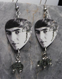 The Beatles George Harrison Guitar Pick Earrings with Gray Swarovski Crystal Dangles