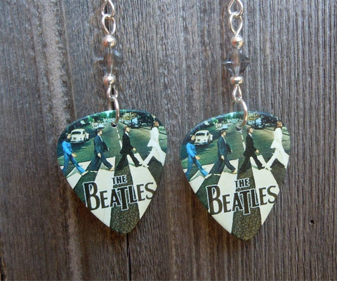 The Beatles Abbey Road Guitar Pick Earrings with Gray Swarovski Crystals
