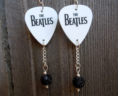 The Beatles White Guitar Pick Earrings with Black Pave Bead Dangles