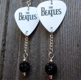 The Beatles White Guitar Pick Earrings with Black Pave Bead Dangles