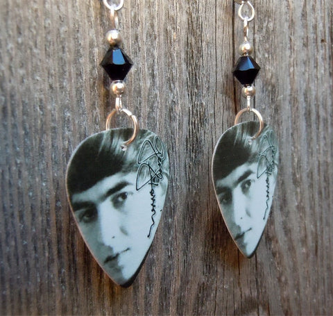 The Beatles George Harrison Guitar Pick Earrings with Black Swarovski Crystals