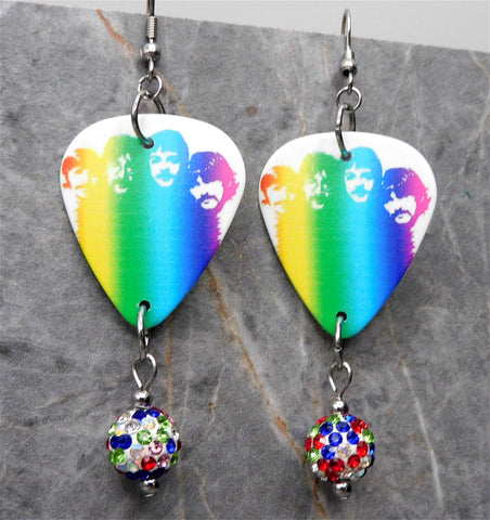 The Beatles in Rainbow Colors Guitar Pick Earrings with MultiColor Pave Bead Dangles
