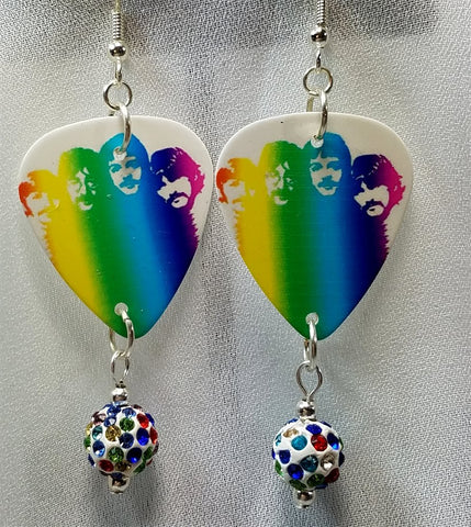 The Beatles in Rainbow Colors Guitar Pick Earrings with MultiColor Pave Bead Dangles