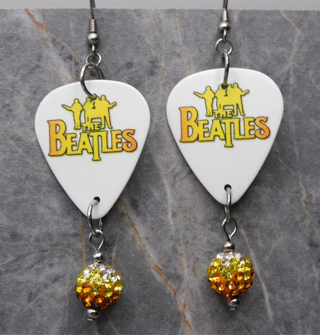 The Beatles Guitar Pick Earrings with Orange to Yellow to White Pave Bead Dangles