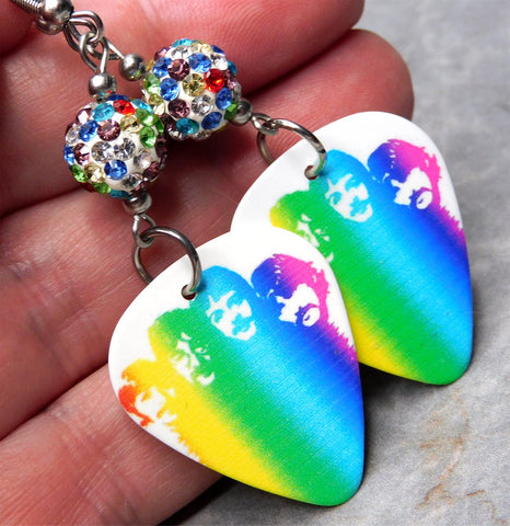 The Beatles in Rainbow Colors Guitar Pick Earrings with MultiColor Pave Beads