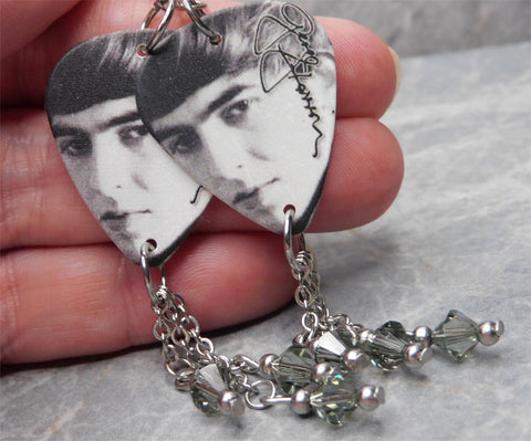 The Beatles George Harrison Guitar Pick Earrings with Gray Swarovski Crystal Dangles