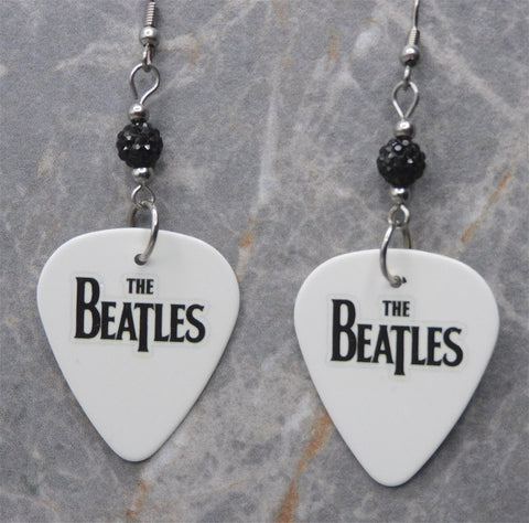 The Beatles White Guitar Pick Earrings with Black Pave Beads