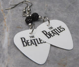 The Beatles White Guitar Pick Earrings with Black Pave Beads