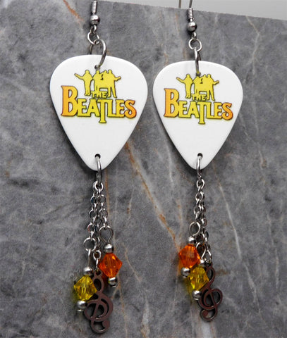 The Beatles Guitar Pick Earrings with Treble Clef Charm and Swarovski Crystal Dangles