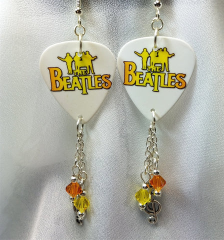 The Beatles Guitar Pick Earrings with Charm and Swarovski Crystal Dangles