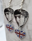 The Beatles George Harrison Guitar Pick Earrings with British Flag Heart Charm Dangles