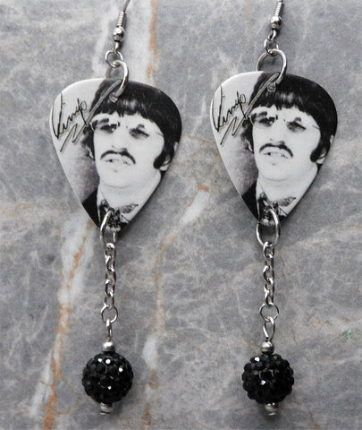 The Beatles Ringo Starr Guitar Pick Earrings with Black Pave Bead Dangles