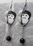 The Beatles Ringo Starr Guitar Pick Earrings with Black Pave Bead Dangles
